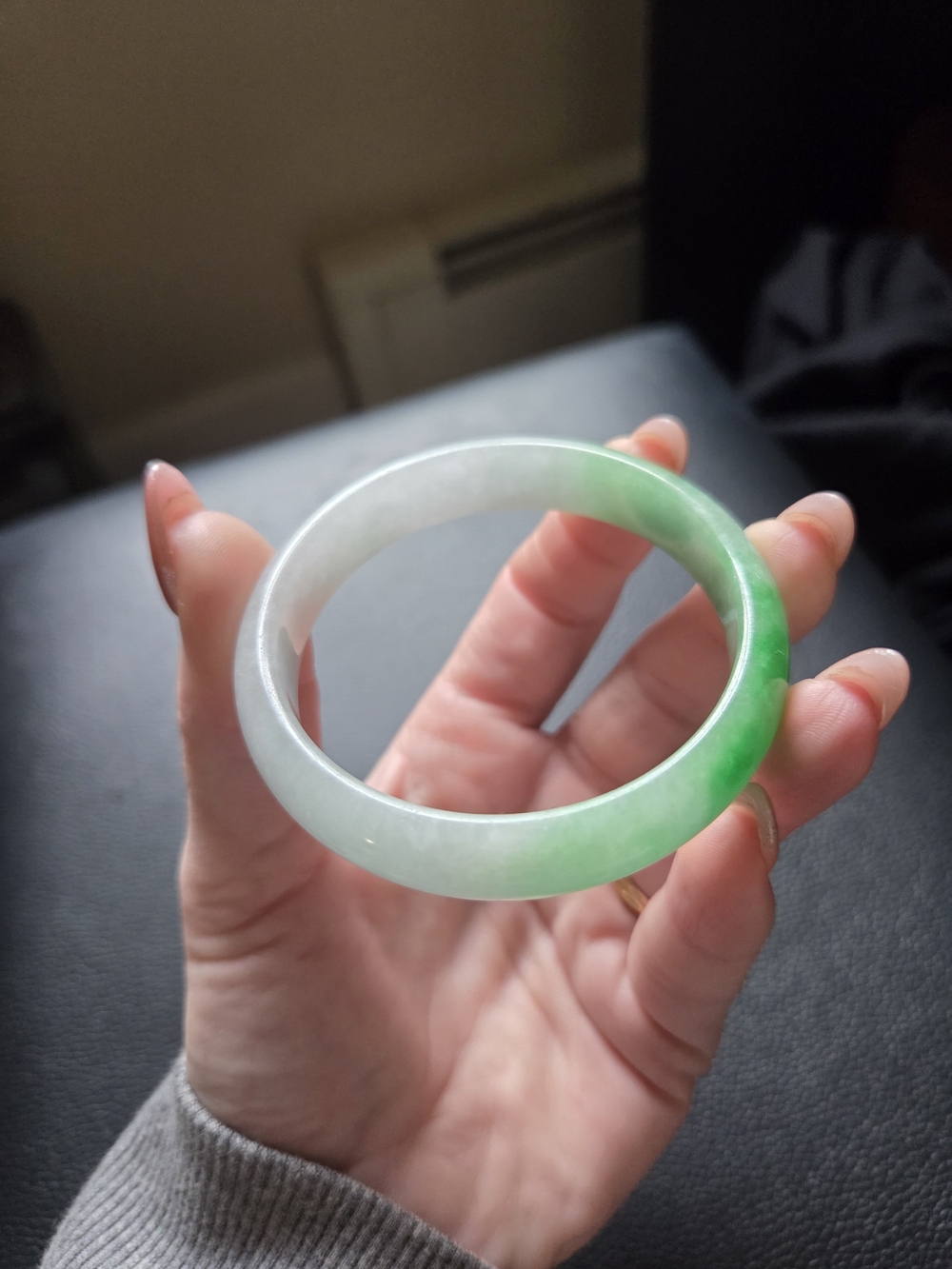 56mm Green & White Jadeite Jade Bangle - Picture 2 of 3